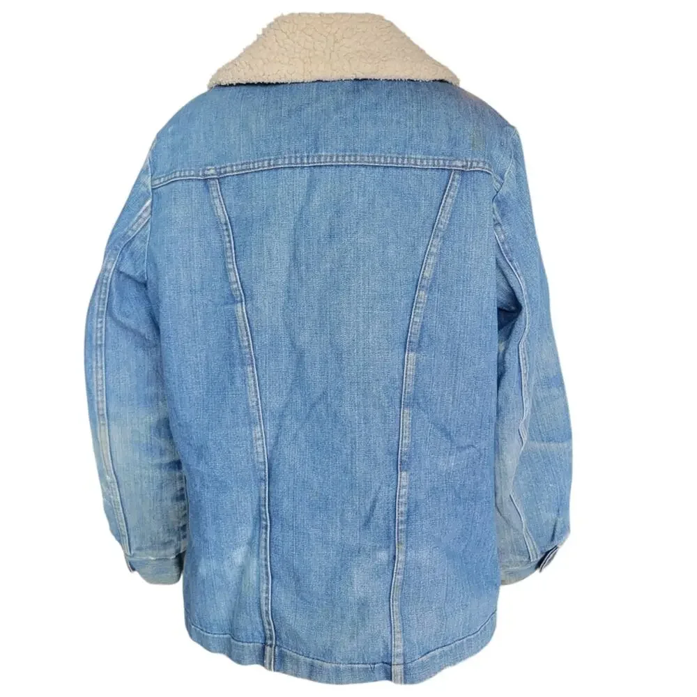 Vintage 1970s Wrangler Wrange Coat Denim Sherpa Lined Jacket in Blue Large